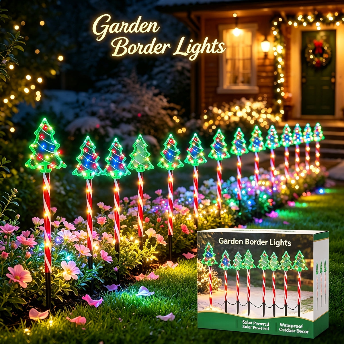Multi-color solar garden lights marking a driveway edge