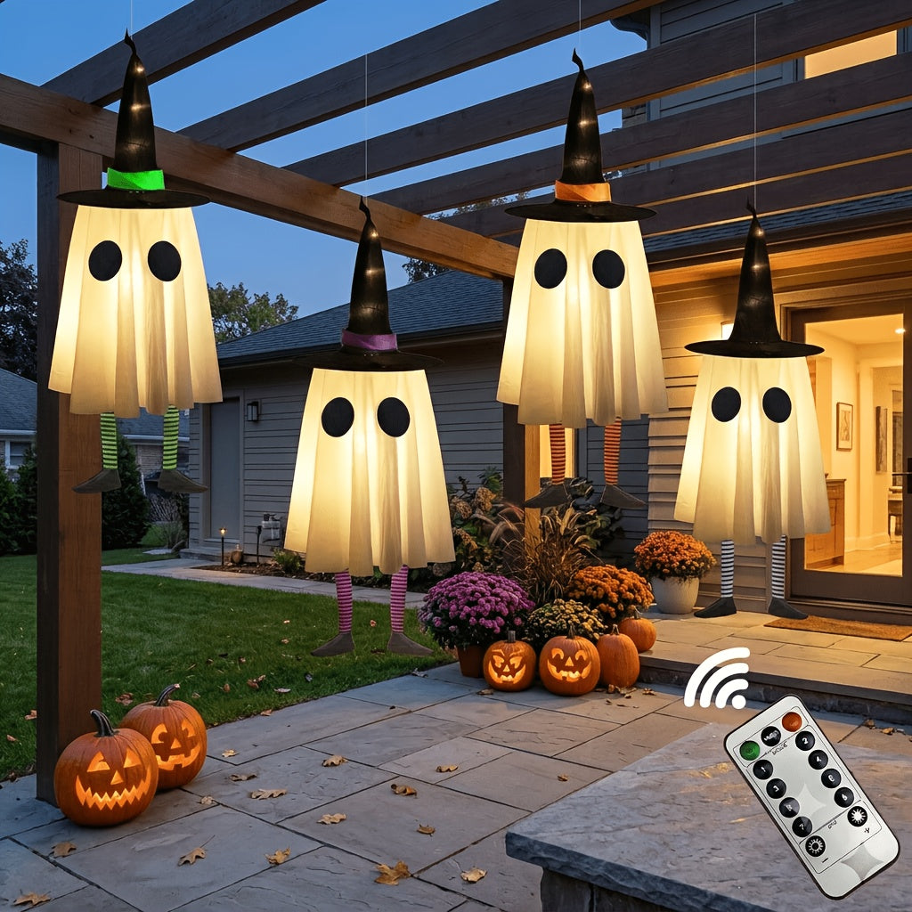 Fabric witch hat hanging decoration that glows from inside, part of a four-hat remote-controlled set
