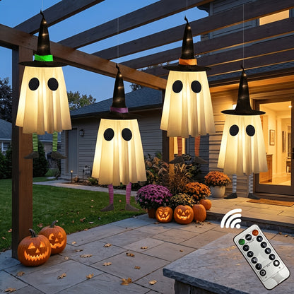 Fabric witch hat hanging decoration that glows from inside, part of a four-hat remote-controlled set