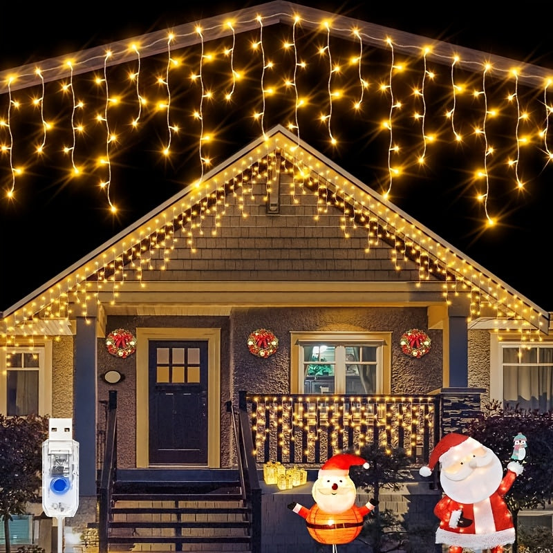 Icicle lights used as a backdrop behind an indoor display