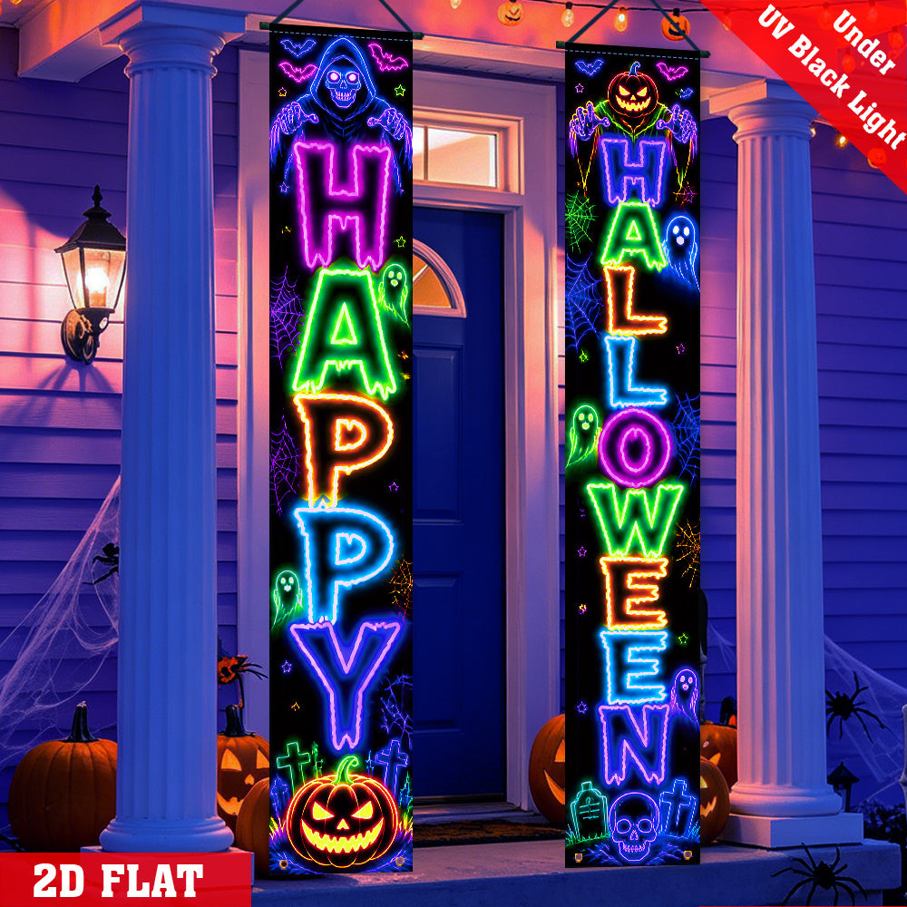 Halloween banner with UV-reactive neon death pumpkin graphic, full view
