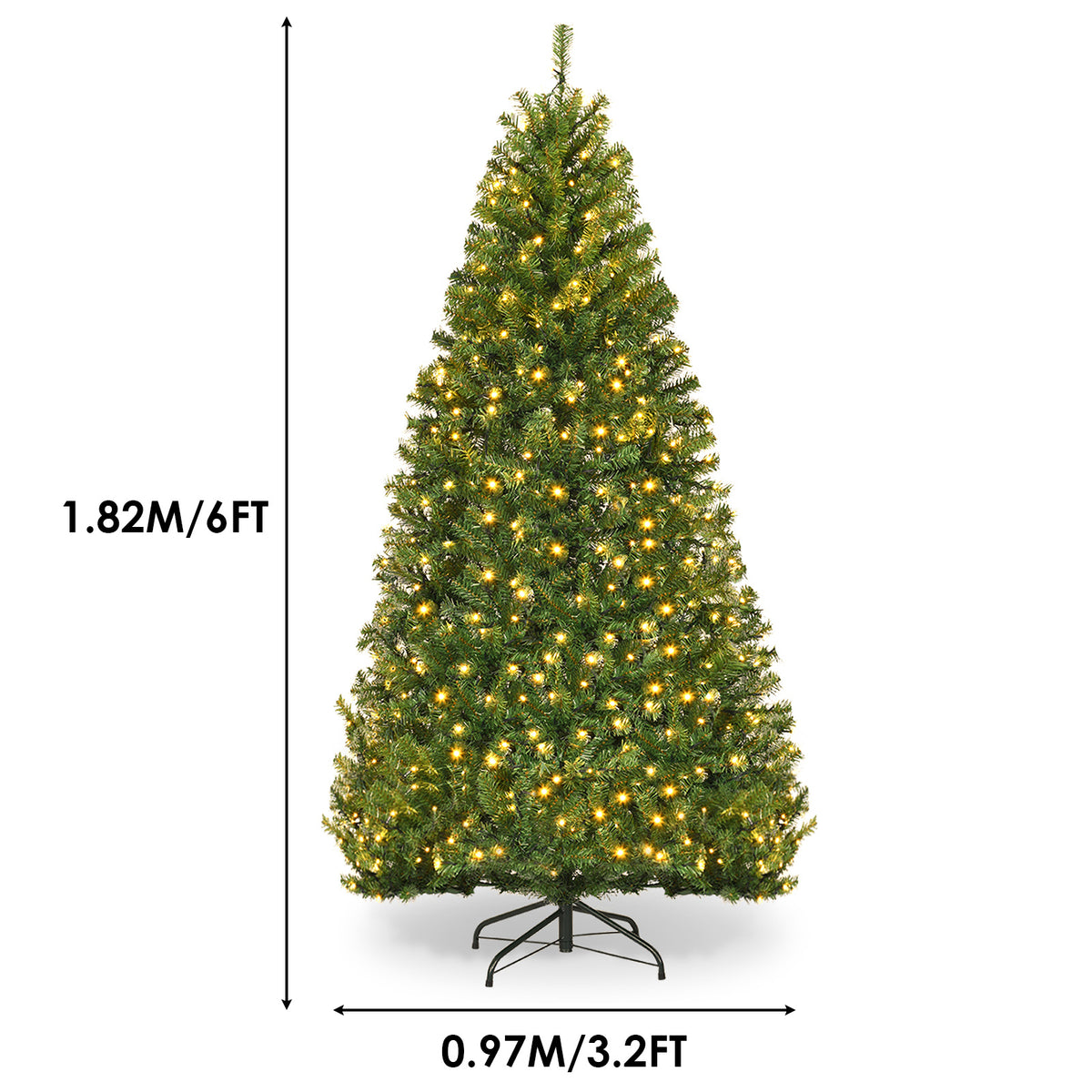 Pre-lit artificial Christmas tree with 1,000 branch tips on a foldable metal stand