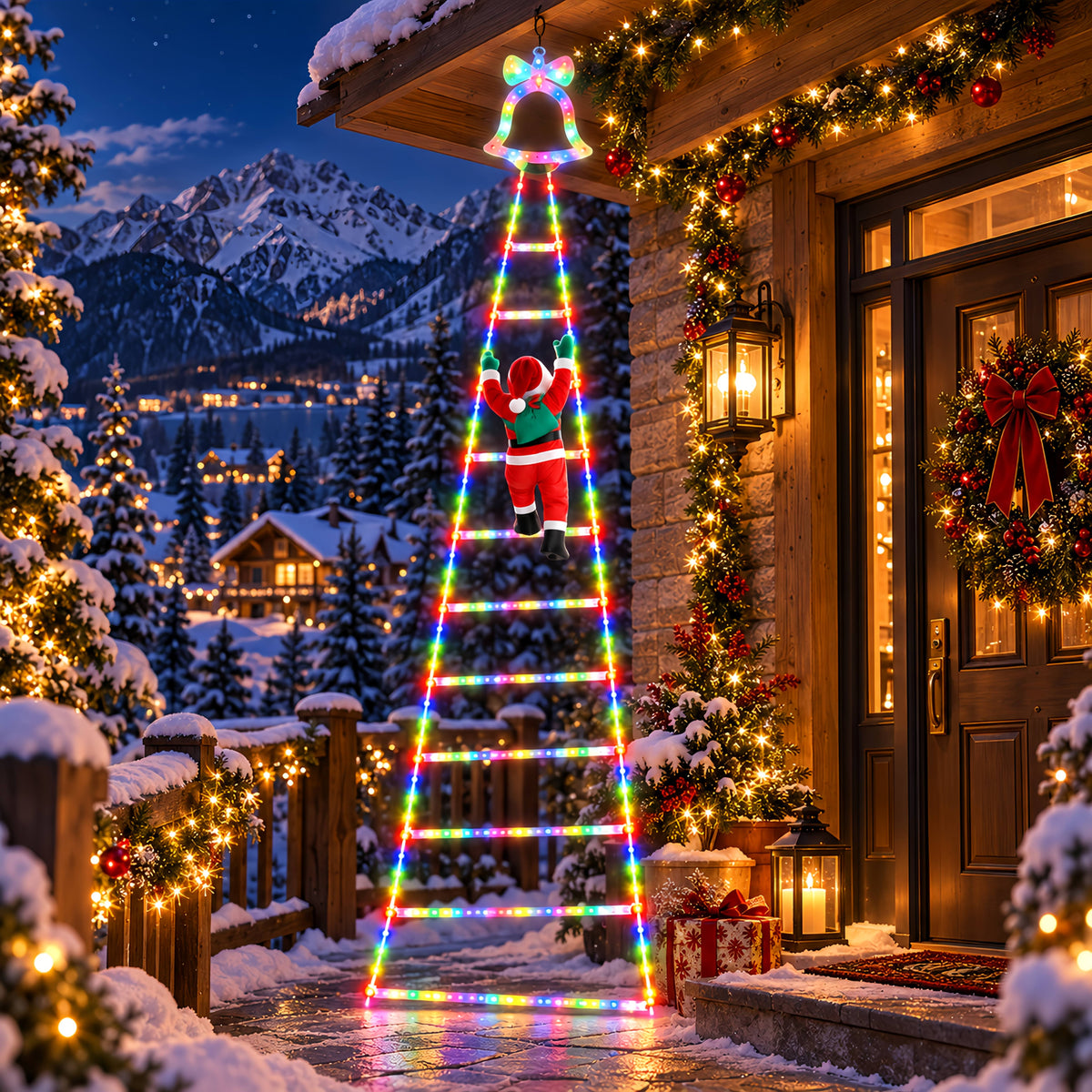 Outdoor Christmas Decorations, Climbing Santa Ladder Lights, 255 LED, Dimmable, USB Charging