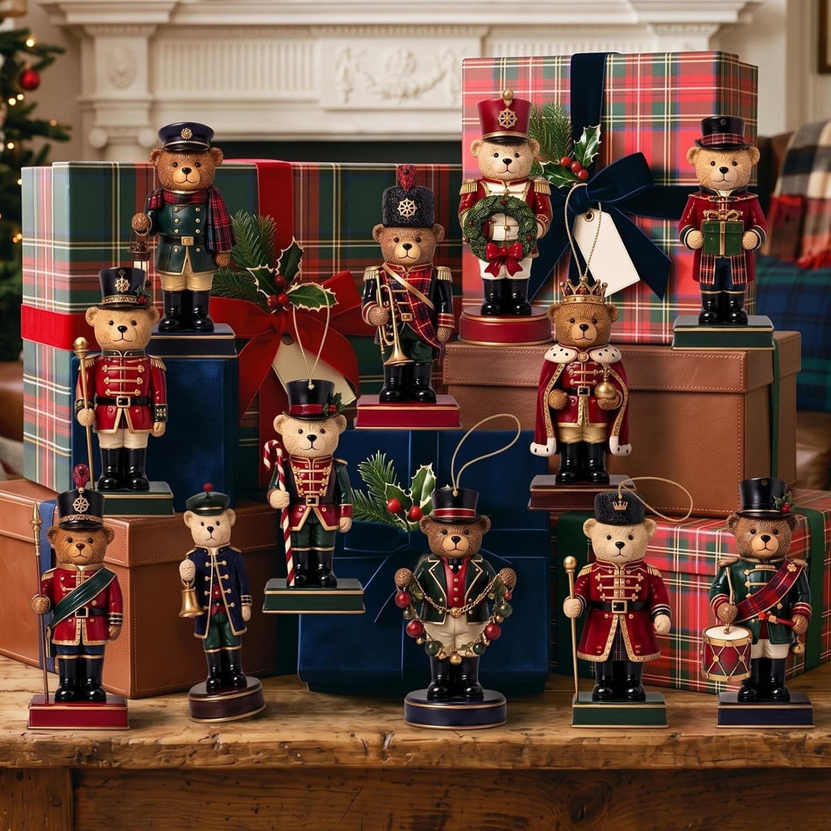 Christmas Tree Decorations, 36 Wooden Teddy Bear Ornaments, 3.94" Tartan Plaid Rustic Decor