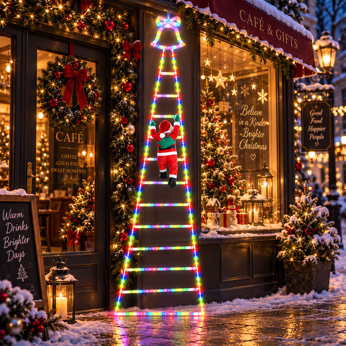 Outdoor Christmas Decorations, Climbing Santa Ladder Lights, 255 LED, Dimmable, USB Charging