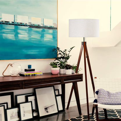 Tripod Floor Lamp with Linen Shade, Chain Switch, Wood Base