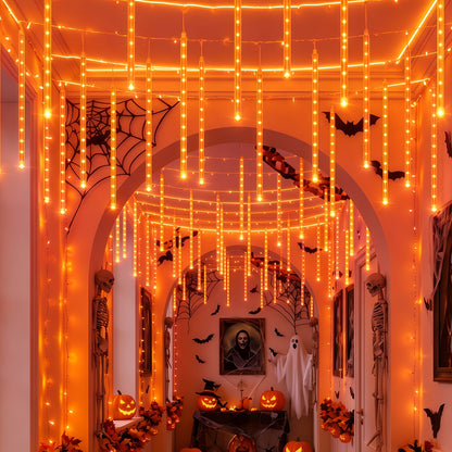 Halloween Purple-Orange Waterfall Icicle String Lights, 192 LED / 8 Tubes