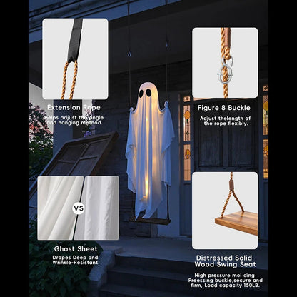 Ghost decoration glowing at night from built-in LED string lights