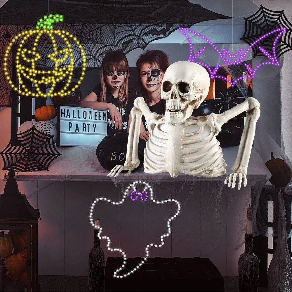 Glowing skeleton head decoration shown indoors