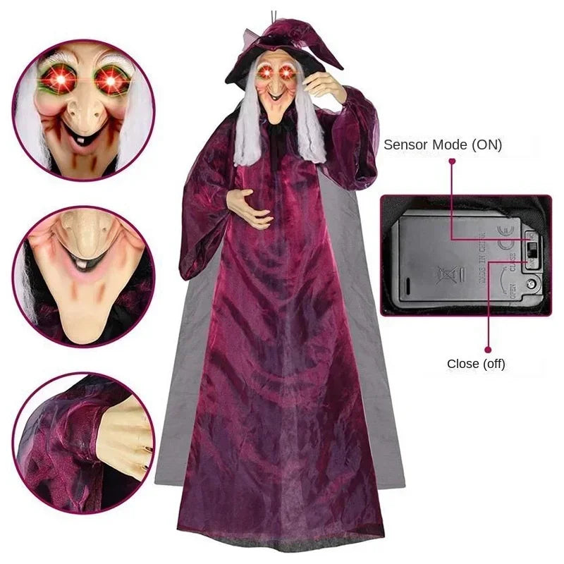 Latex witch face with red light-up eyes on a hanging Halloween prop