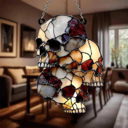 Halloween skull decoration catching sunlight as a suncatcher