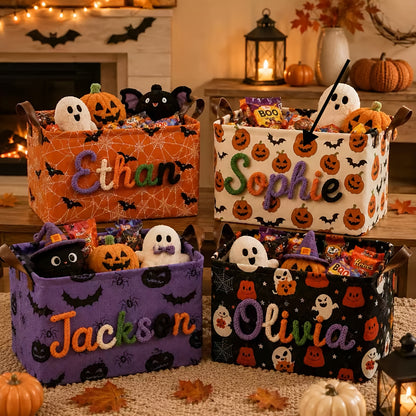 Custom Name Embroidered Halloween Storage Basket with Pumpkin Ghost Bat Pattern and Handles