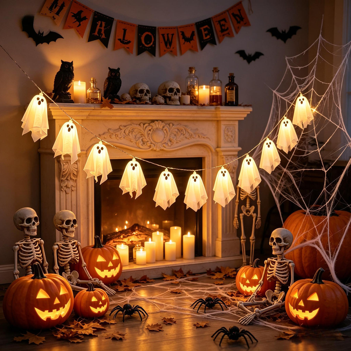 String of white cloth ghosts lit from inside by warm white LEDs