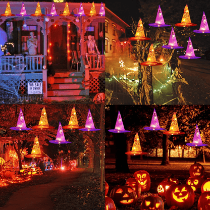Light-up witch hat string light set, six hats in orange and purple on one LED light string