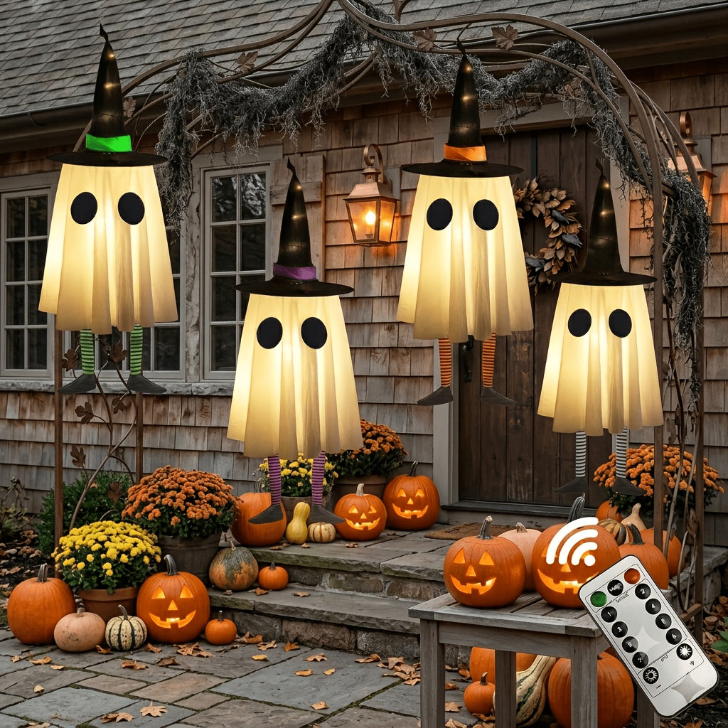Fabric witch hat hanging decoration that glows from inside, part of a four-hat remote-controlled set