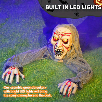 Light-Up Halloween Zombie Groundbreaker Decoration with Sound Effects, Bloodstained Design for Yard & Haunted House