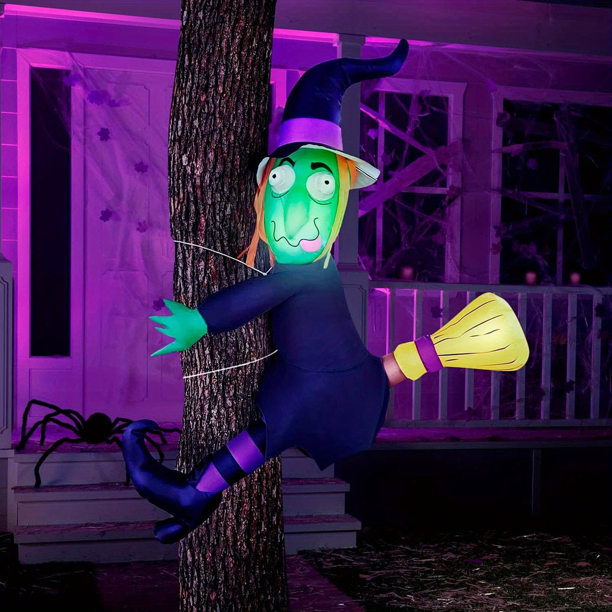 Close view of the face detailing on the inflatable Halloween witch