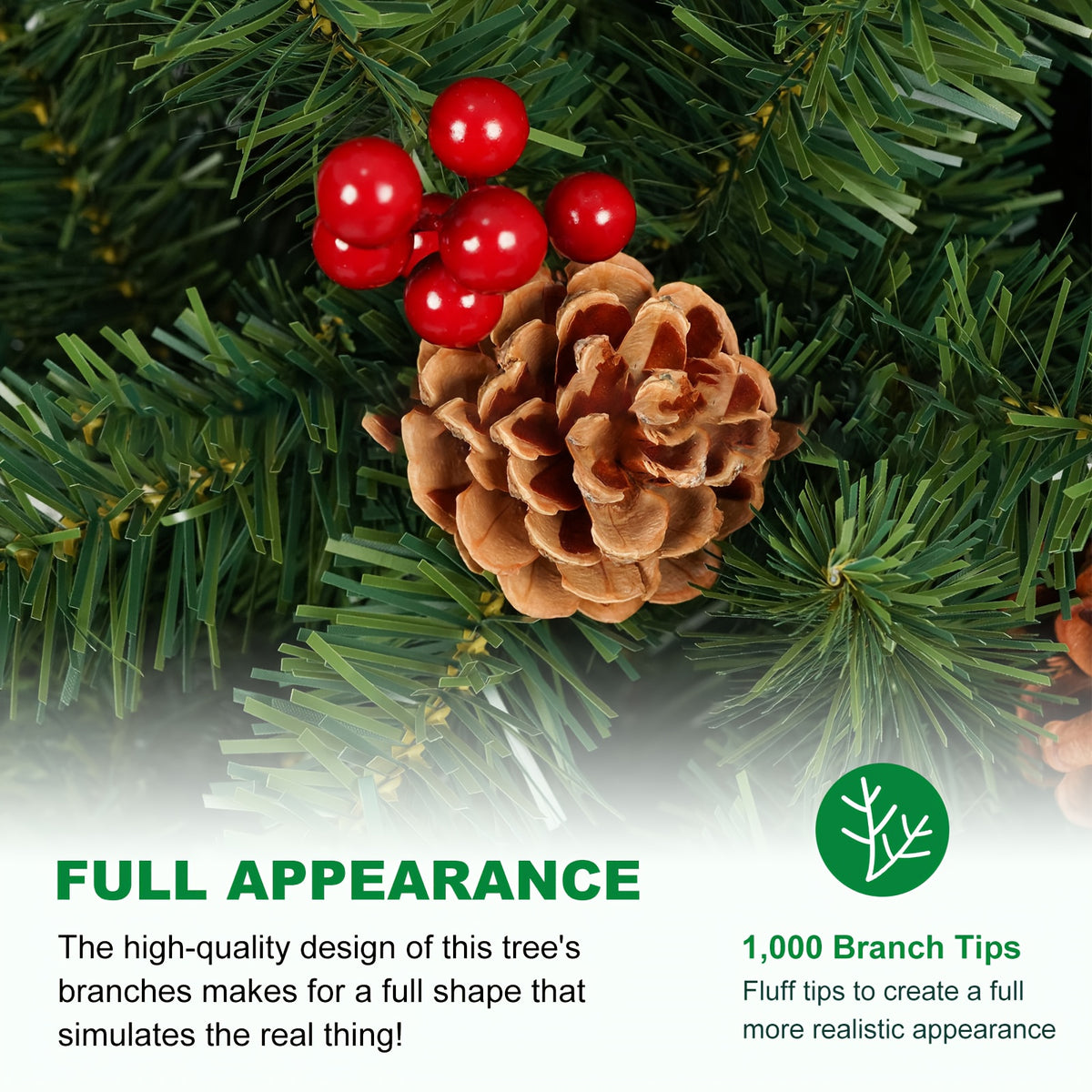 Full artificial Christmas tree on a collapsible base