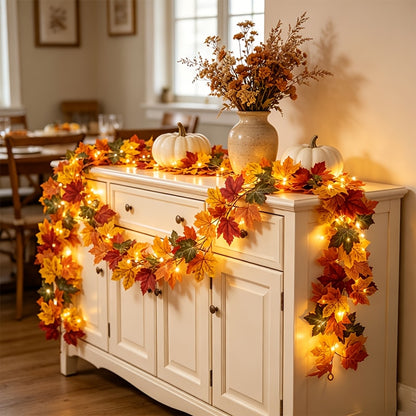 Ember Fall Maple Leaf LED Garland, Battery-Powered Autumn Vine Lights