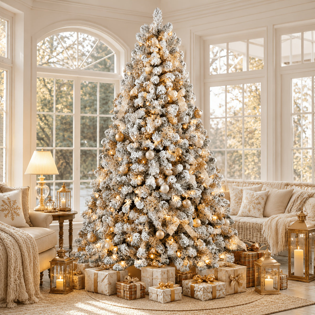 White flocked pine Christmas tree with red and green tinsel