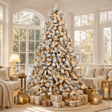 White flocked pine Christmas tree with red and green tinsel