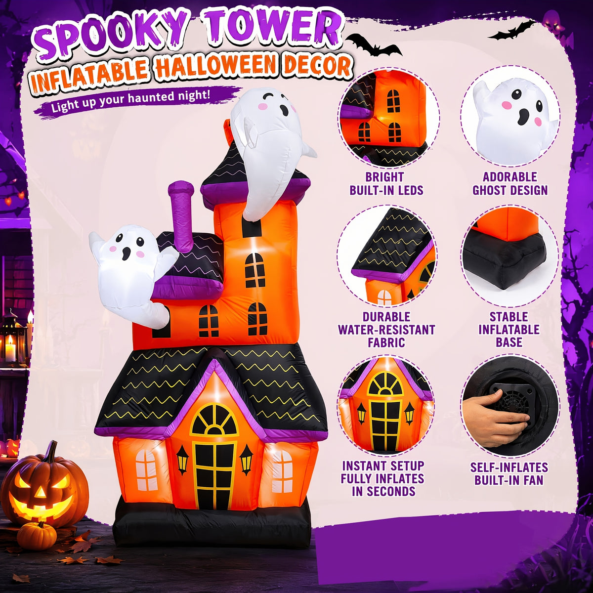 Large inflatable haunted house ghost castle decoration lit up in a yard - view 5
