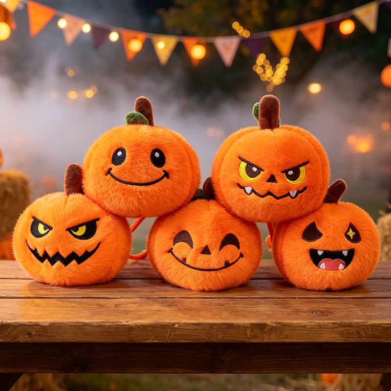 5-piece pumpkin plush keychain set displayed together