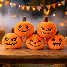 5-piece pumpkin plush keychain set displayed together