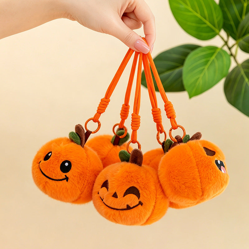 Pumpkin plush keychain metal split ring and wrist strap detail