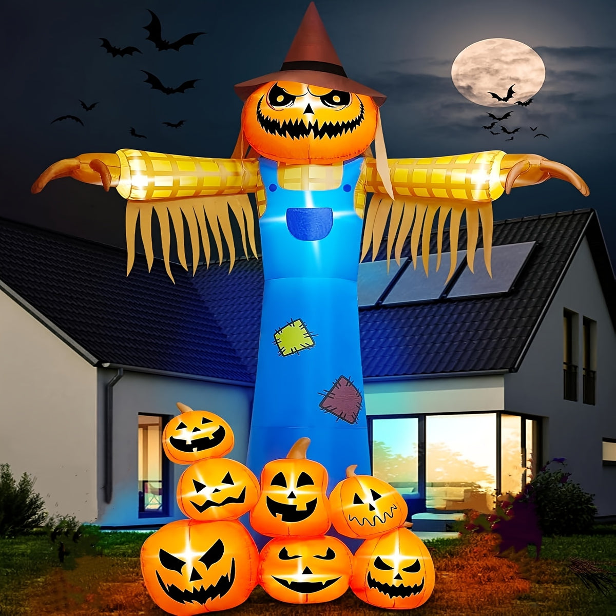 12.5-foot inflatable pumpkin scarecrow decoration set up in the yard