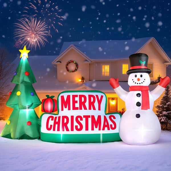 Merry Christmas Inflatable Sign, 10 ft Greeting with Snowman and Tree, Built-In LEDs