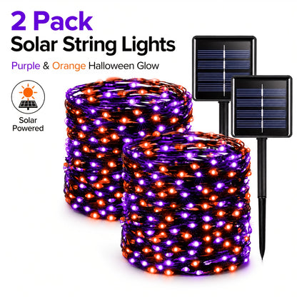 Solar fairy lights glowing across a backyard patio