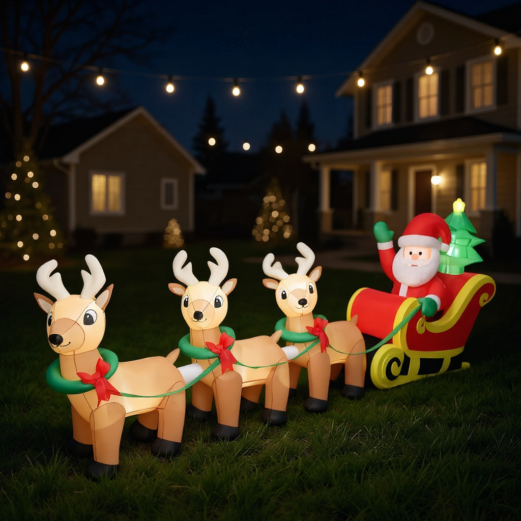 Lighted Christmas inflatable archway with Santa on a reindeer-drawn sleigh over the top