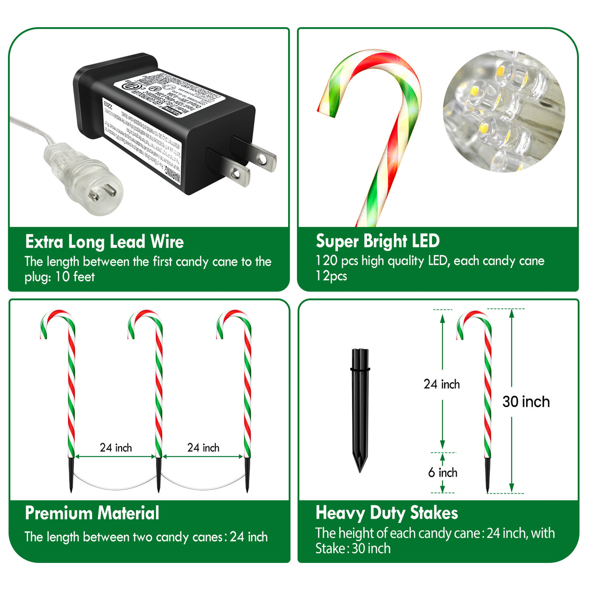 Outdoor Candy Cane Lights, Christmas Pathway 10 Pack, 30 in Tall, 25 ft, IPX4
