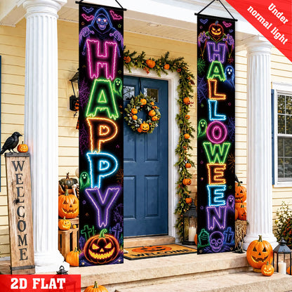Close-up of neon pumpkin print on Halloween porch banner