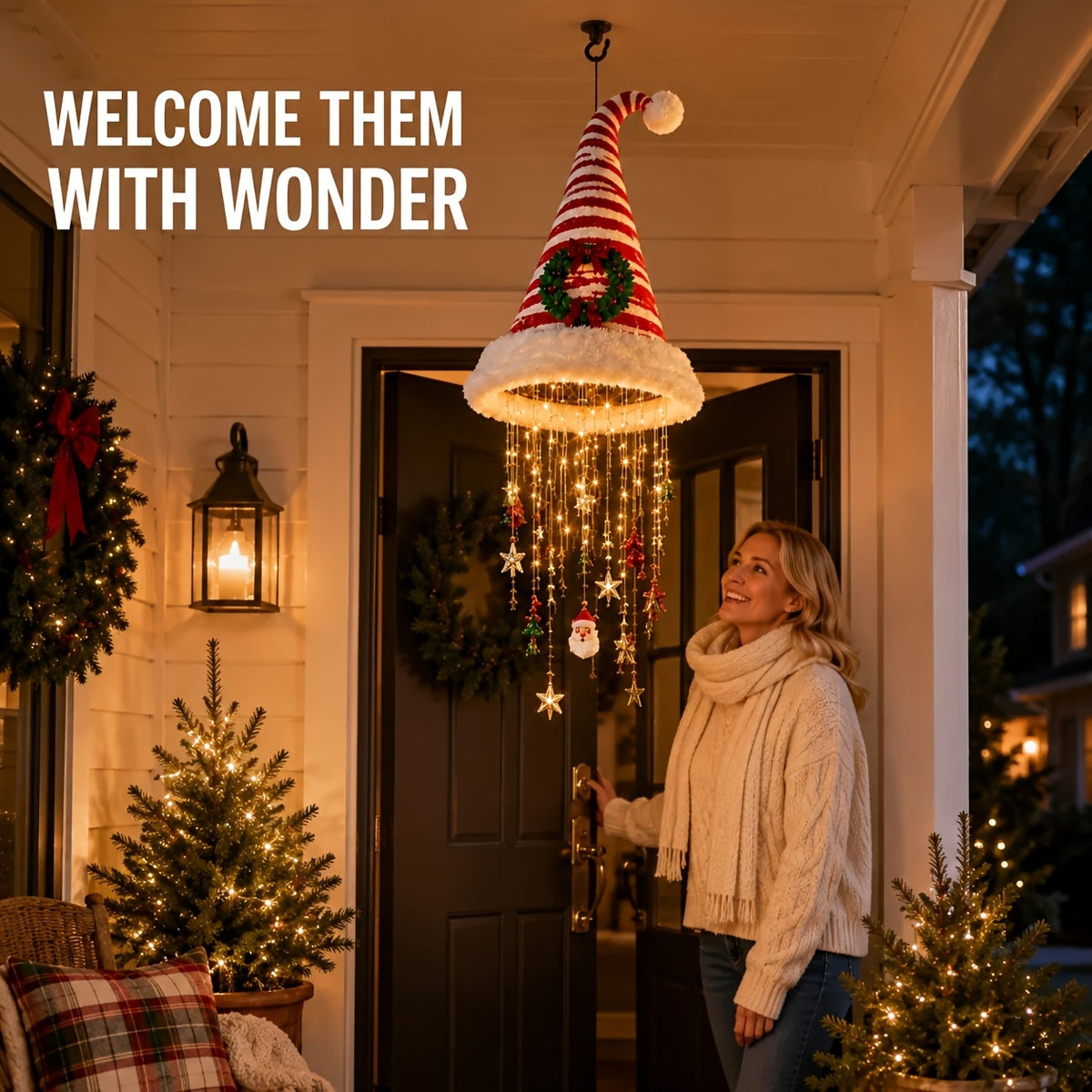 Christmas Decorations, Set of 3 LED Santa Hat Lights with Hooks, Indoor Window & Porch Decor