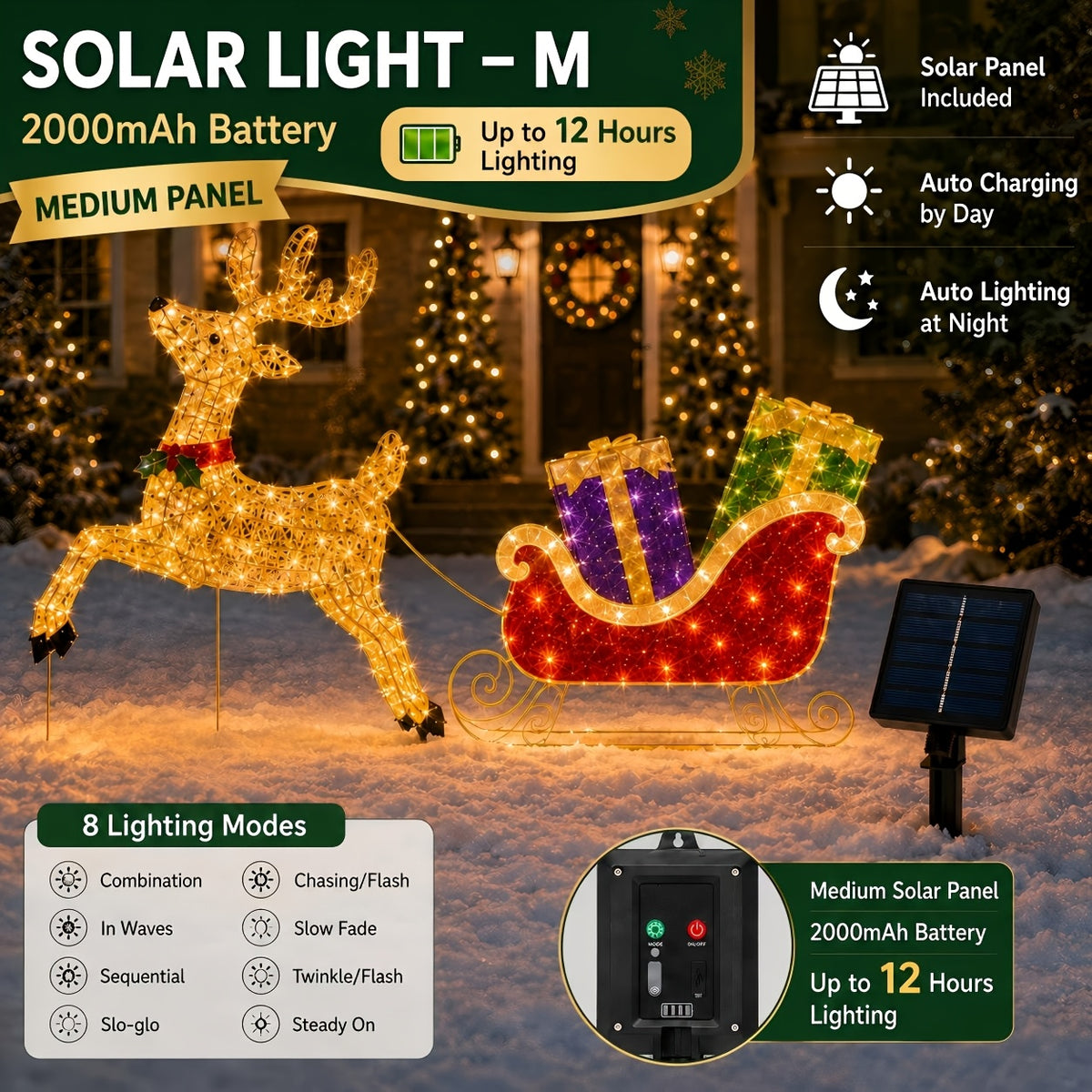 Lighted Sleigh and Reindeer Christmas Decoration, Warm White LED, Solar & USB, Outdoor Decor