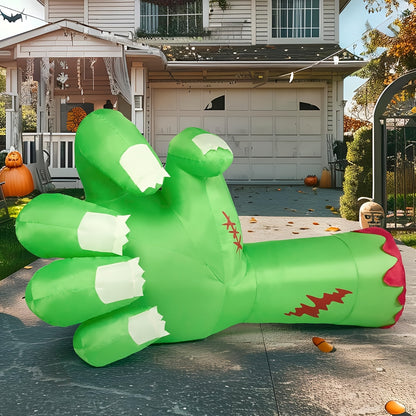 Zombie arm inflatable decoration on a lawn in daylight