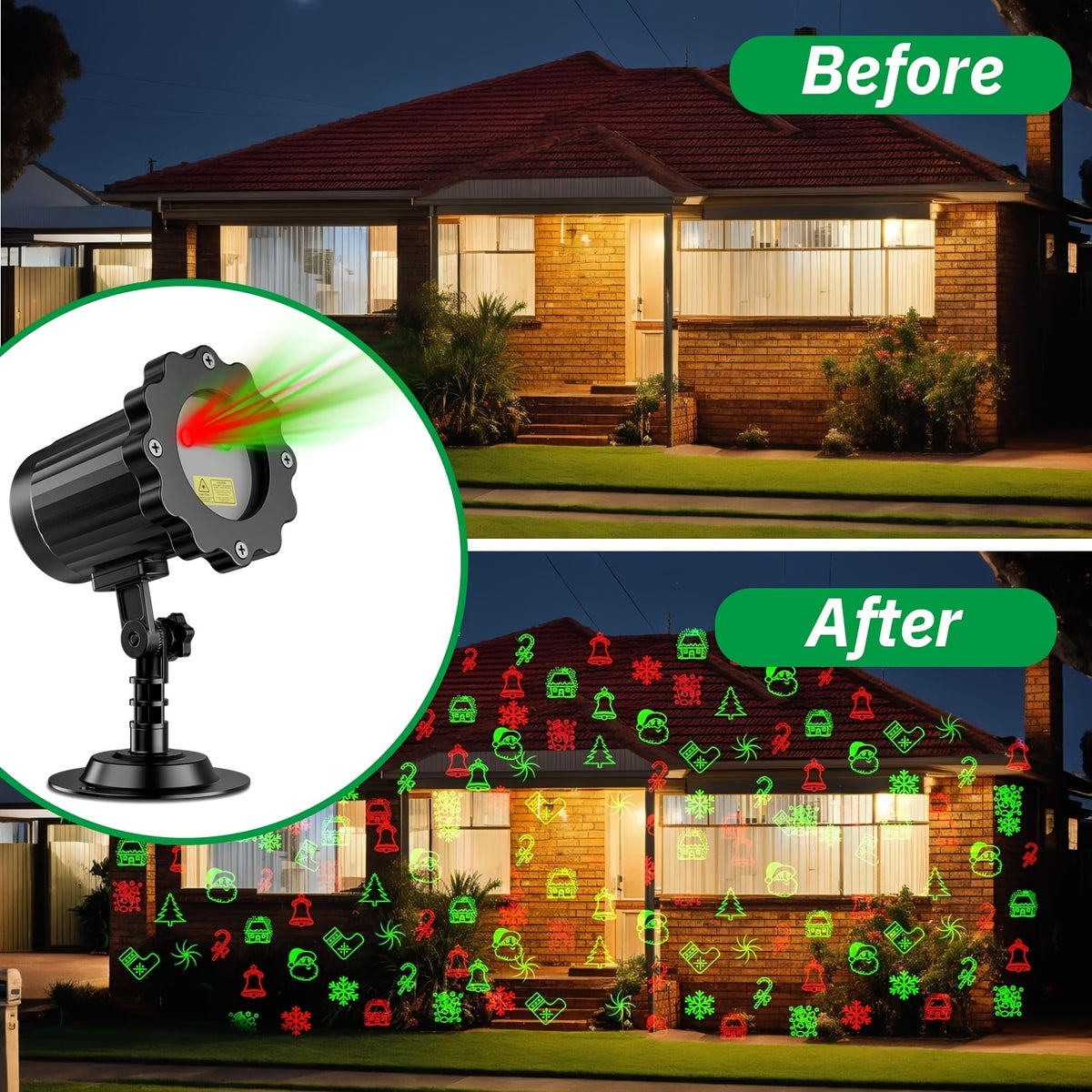 Red and green laser Christmas projector for walls