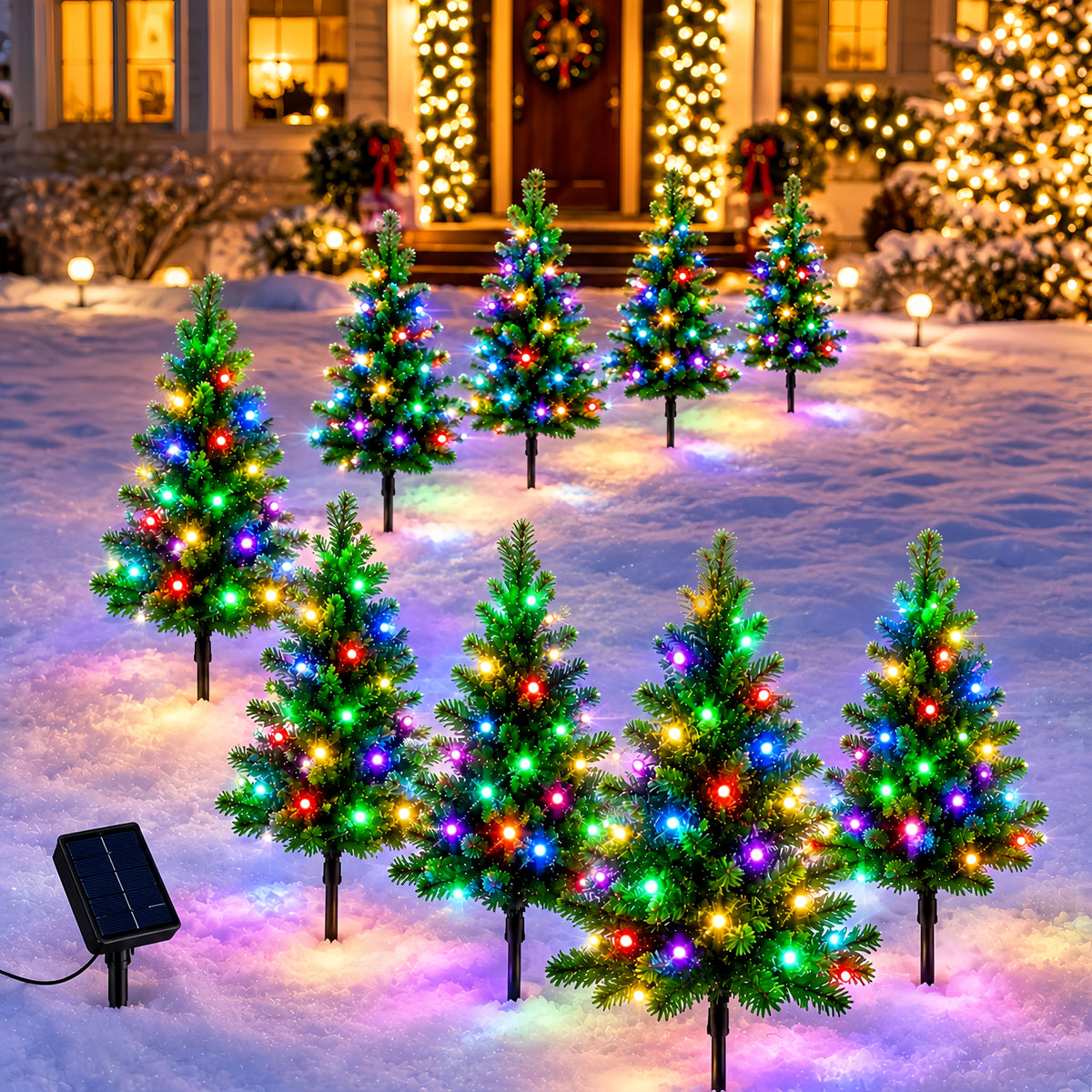 Stake lights along a driveway edge in the evening