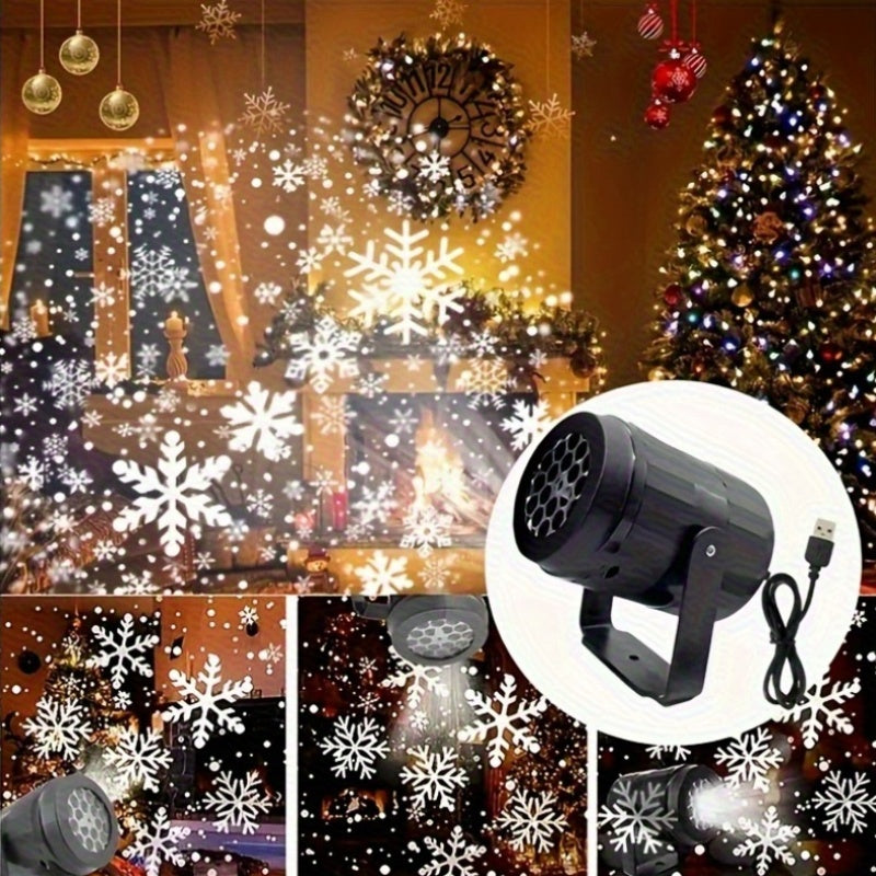 Snowflake pattern projected across a ceiling in a dim room