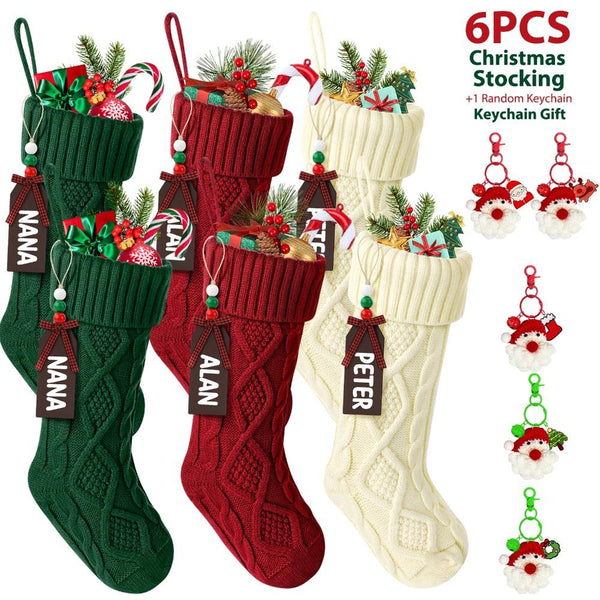 Knit Christmas Stockings, 6 Pack Cable Knit with Blank Name Tags and Santa Keychain