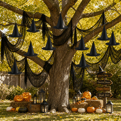 Witch hat decorations hung over a porch ceiling