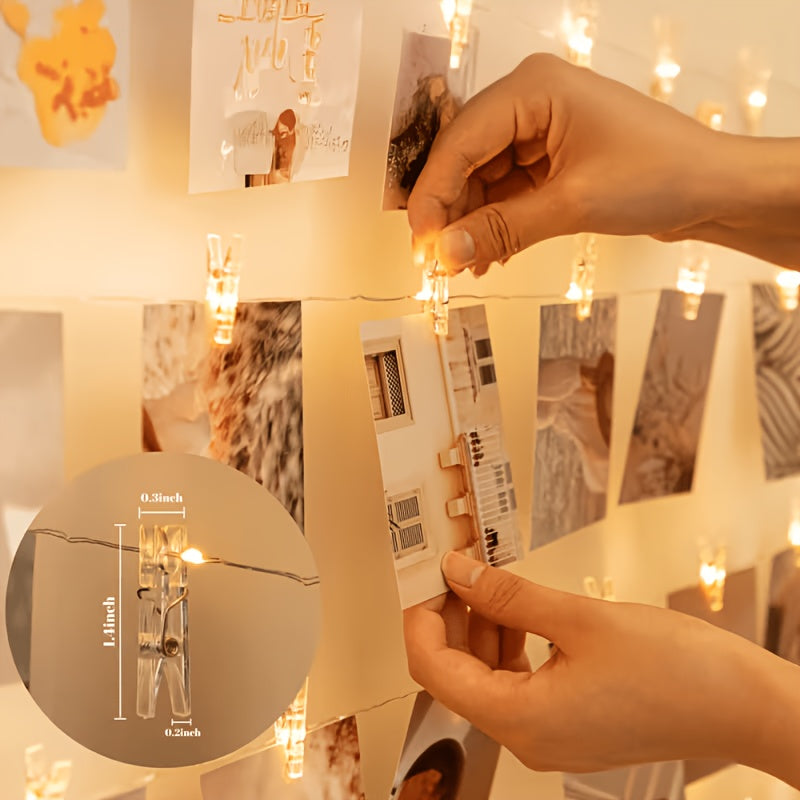 Battery powered fairy lights holding photos on clear clips