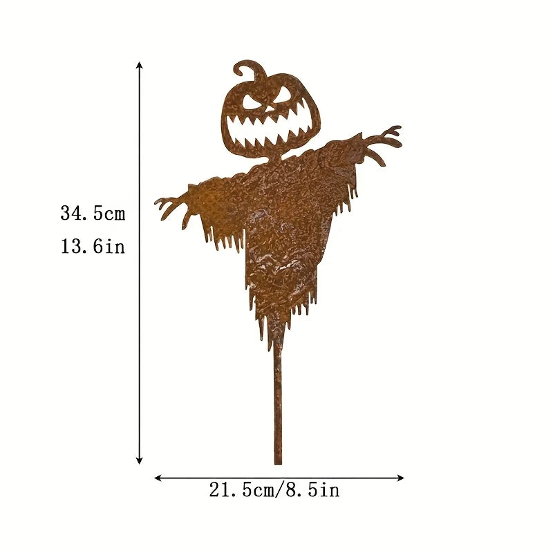 Iron pumpkin scarecrow used as outdoor Halloween garden decor