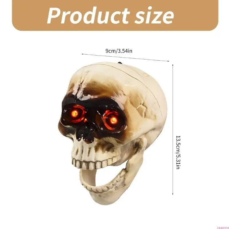 Animated Halloween skeleton head displayed outdoors on a porch