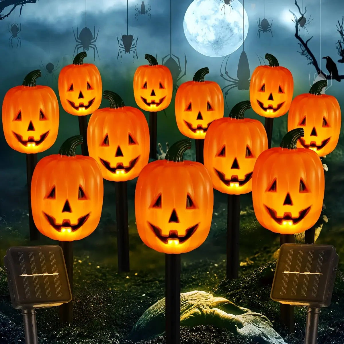 Close-up of a solar pumpkin light from the decor set