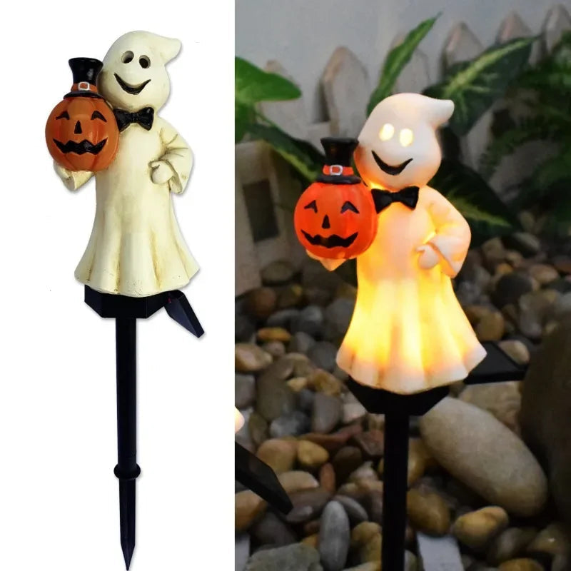 Halloween solar light lantern glowing at dusk