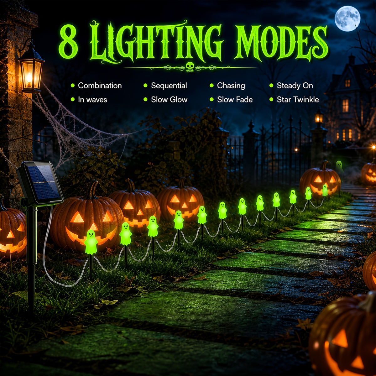 Solar ground stake lights glowing at night along path