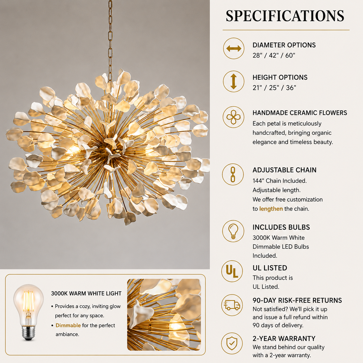 Fiora Floral Chandelier, Ceramic Flower Petals, Iron Frame, Dimmable, Handcrafted in Italy